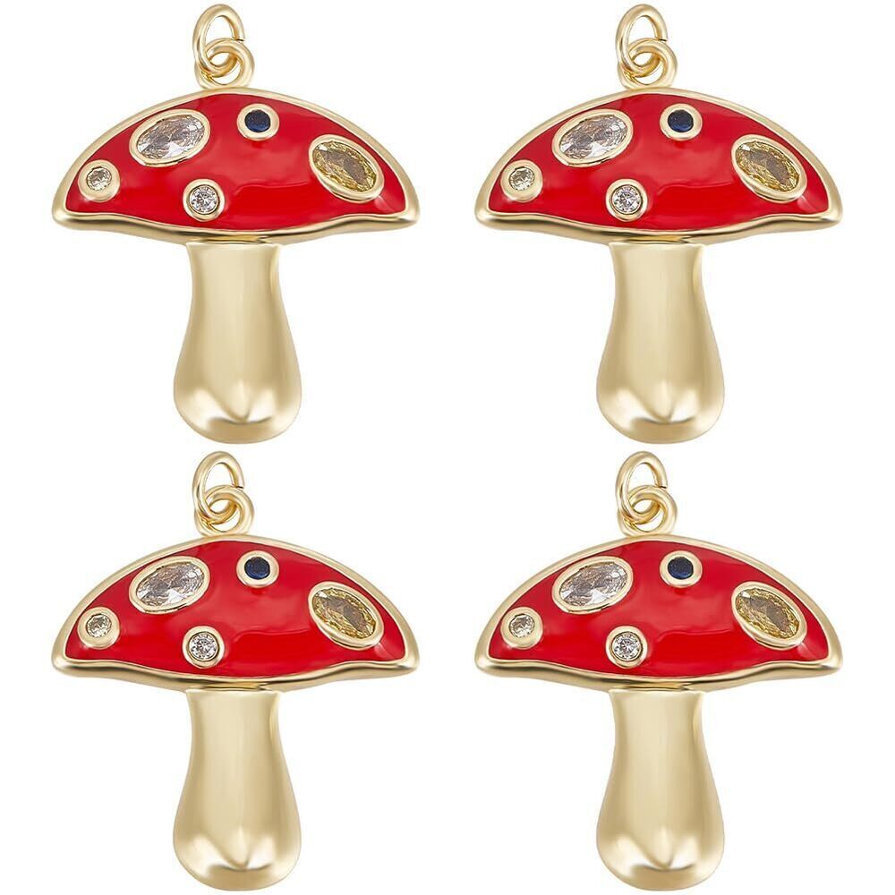 7206 1 Box 6Pcs Mushroom Pendant Charms 18K Gold Plated Cubic Zirconia Red